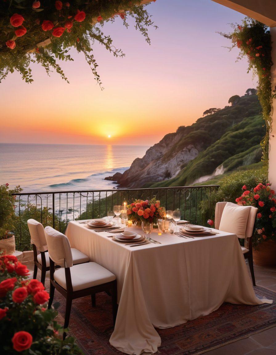 A romantic scene featuring an intimate candlelit dinner set on a terrace overlooking a sunset beach. Lush greenery and soft flowing fabrics create a dreamy atmosphere, while a couple is seen sharing laughter and glances, hinting at a deep connection. The table is adorned with roses and fine wine, evoking feelings of passion and adventure. warm tones and soft lighting. super-realistic. vibrant colors.