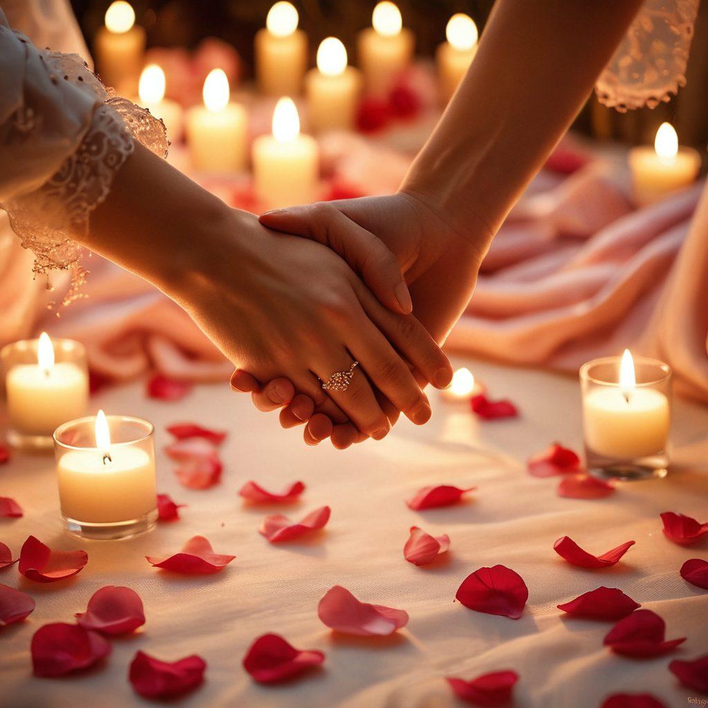 A captivating couple in an intimate setting, sharing a playful glance while surrounded by soft candlelight and delicate rose petals, symbolizing romance and sensuality. Include subtle elements like intertwined hands and soft, flowing fabrics to convey touch and attraction. The background should blur into warm, inviting colors to enhance the mood. romantic art, painterly style, soft focus, rich textures.