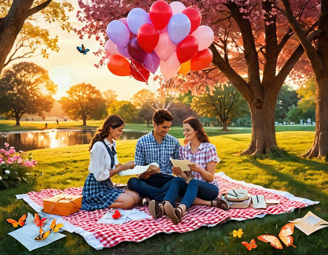 A whimsical scene depicting a couple exchanging love letters in a vibrant park, surrounded by blooming flowers and playful butterflies. They share laughter under the soft glow of sunset, symbolizing the journey from casual dates to lasting love. Include heart-shaped balloons floating in the background and a cozy picnic setup on a checkered blanket. painterly style. vibrant colors. sunny atmosphere.
